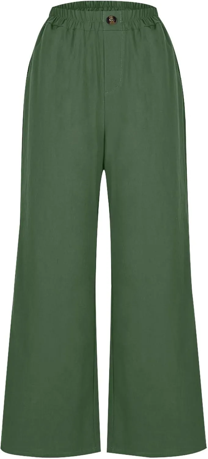 Womens Linen Pants Wide Leg Loose Sports Casual Pants Mid Waist Solid Color Wide Leg Pants Casual Linen Blend Pants