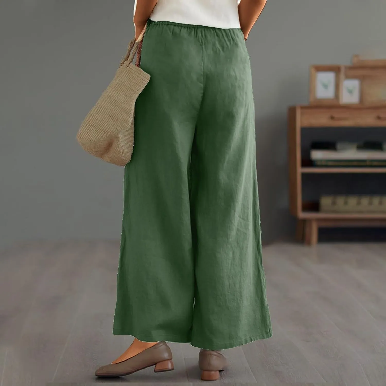 Womens Linen Pants Wide Leg Loose Sports Casual Pants Mid Waist Solid Color Wide Leg Pants Casual Linen Blend Pants