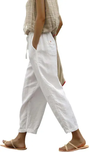 Womens Linen Pants with Pockets High Waist Comfy White Casual Pants Lightweight Loose Trousers