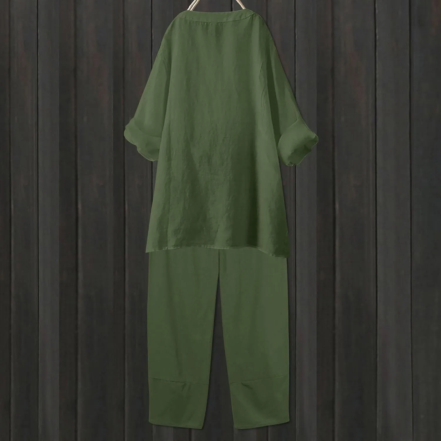 Womens Linen Sets 2 Piece Oversized 3/4 Length Sleeve Comfy Shirts Summer V Neck Loose Wide Leg Pants with Pockets