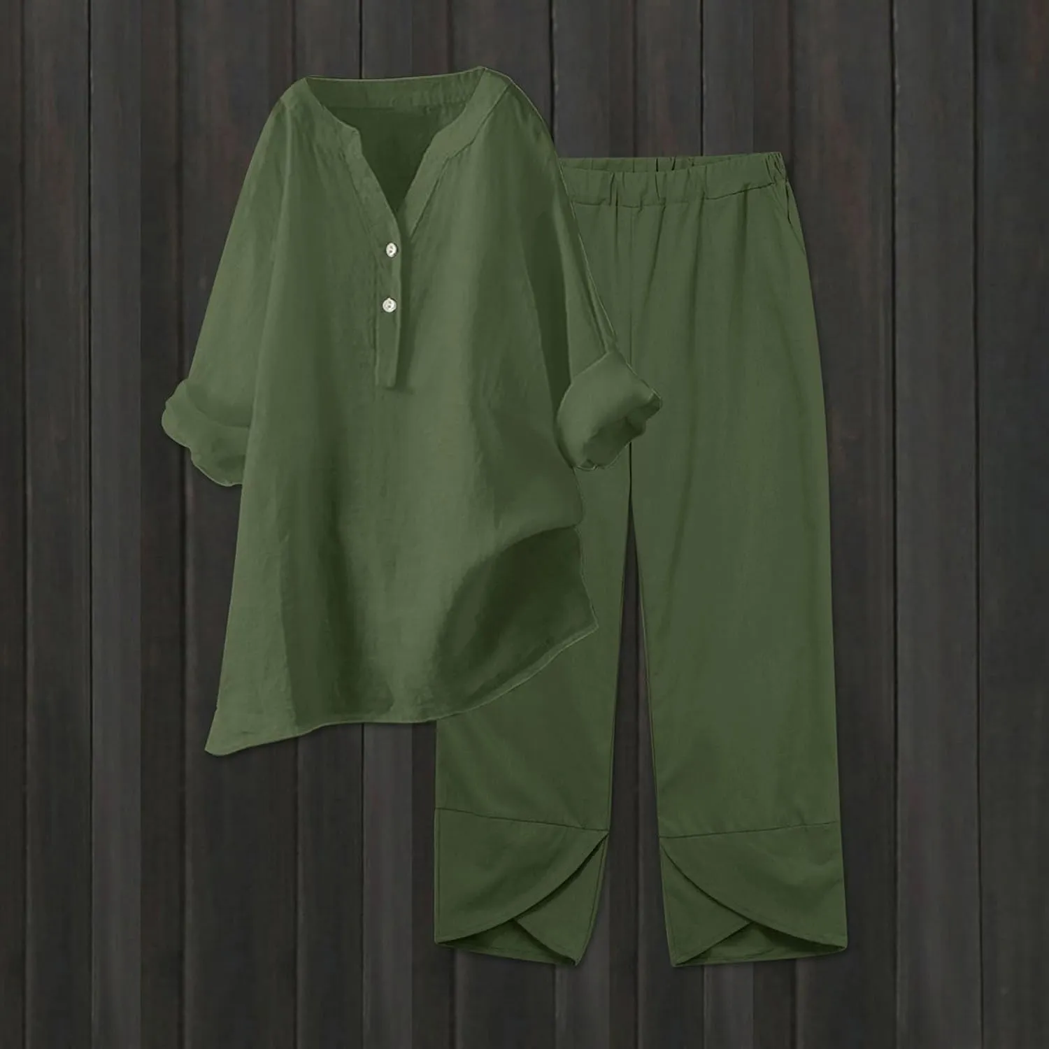 Womens Linen Sets 2 Piece Oversized 3/4 Length Sleeve Comfy Shirts Summer V Neck Loose Wide Leg Pants with Pockets