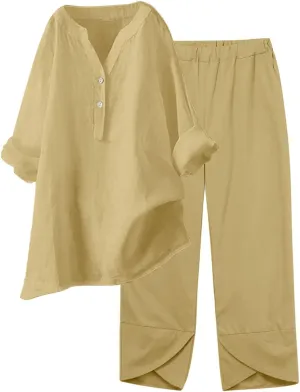 Womens Linen Sets 2 Piece Oversized 3/4 Length Sleeve Comfy Shirts Summer V Neck Loose Wide Leg Pants with Pockets