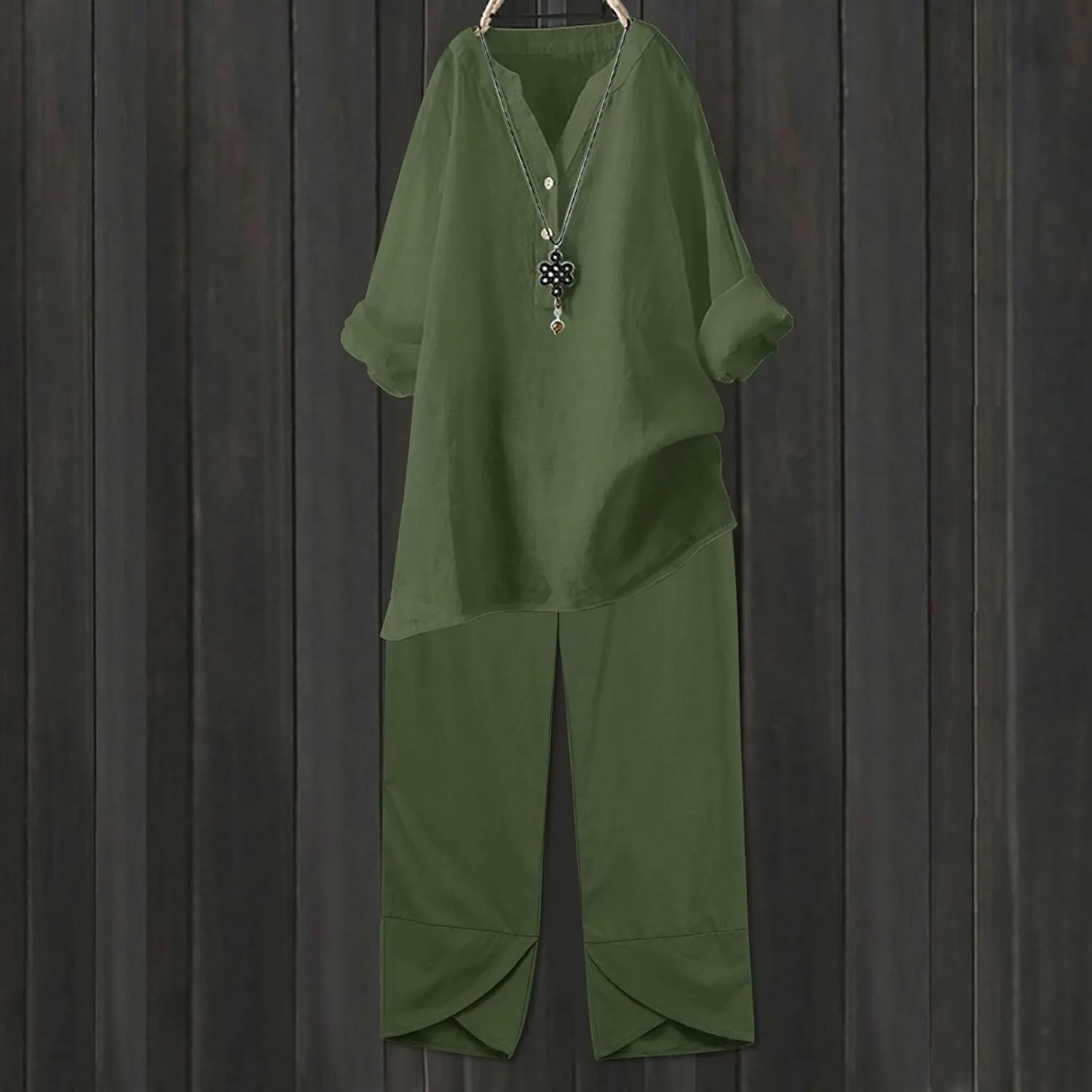 Womens Linen Sets 2 Piece Oversized 3/4 Length Sleeve Comfy Shirts Summer V Neck Loose Wide Leg Pants with Pockets