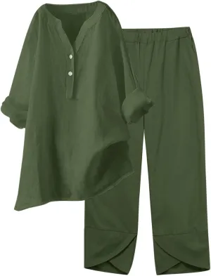 Womens Linen Sets 2 Piece Oversized 3/4 Length Sleeve Comfy Shirts Summer V Neck Loose Wide Leg Pants with Pockets
