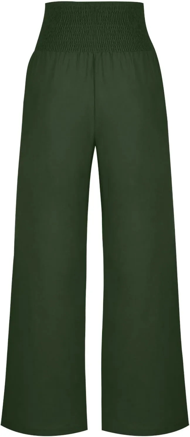 Women's Linen Summer Palazzo Pants Flowy High Waisted Wide Leg Beach Pants Casual Loose Fit Pocketed Paperbag Trouser