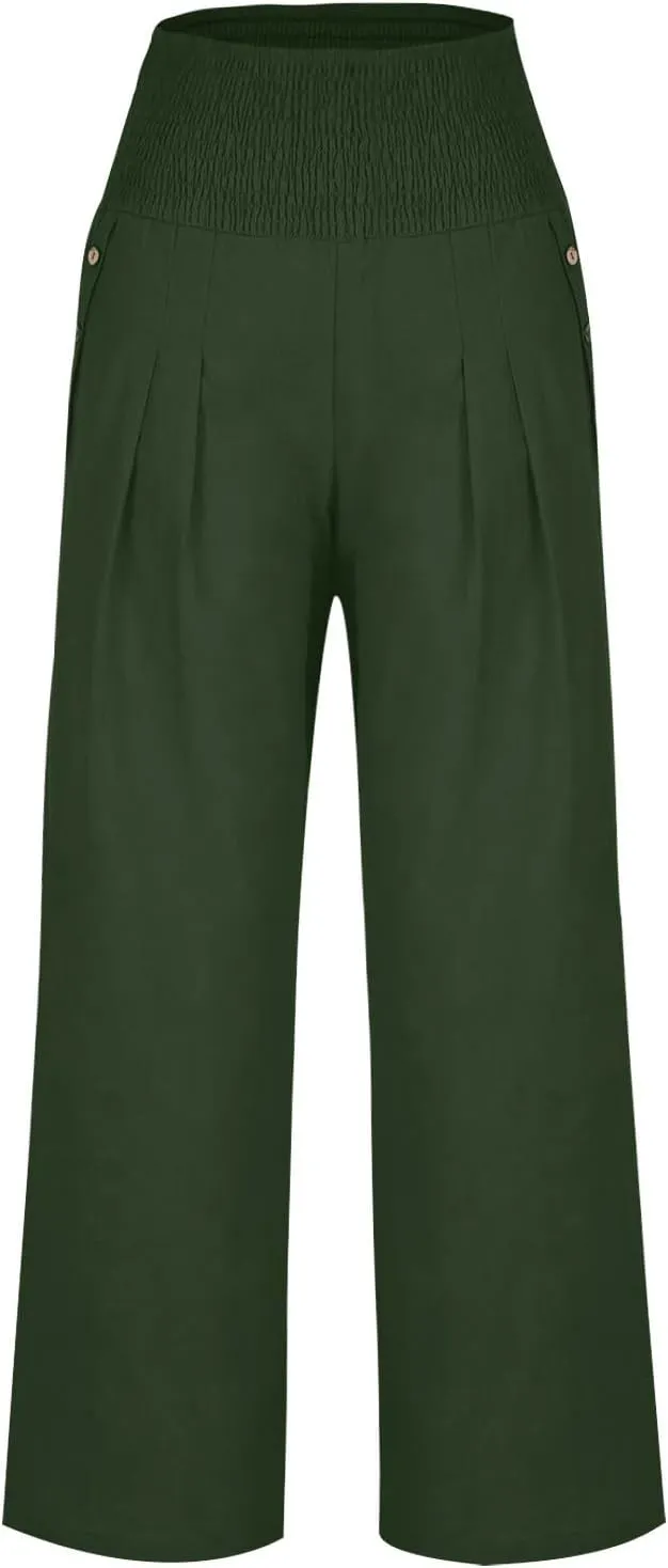 Women's Linen Summer Palazzo Pants Flowy High Waisted Wide Leg Beach Pants Casual Loose Fit Pocketed Paperbag Trouser