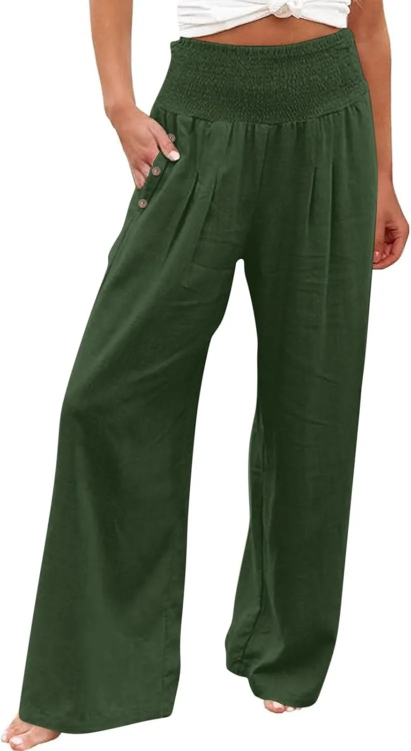 Women's Linen Summer Palazzo Pants Flowy High Waisted Wide Leg Beach Pants Casual Loose Fit Pocketed Paperbag Trouser