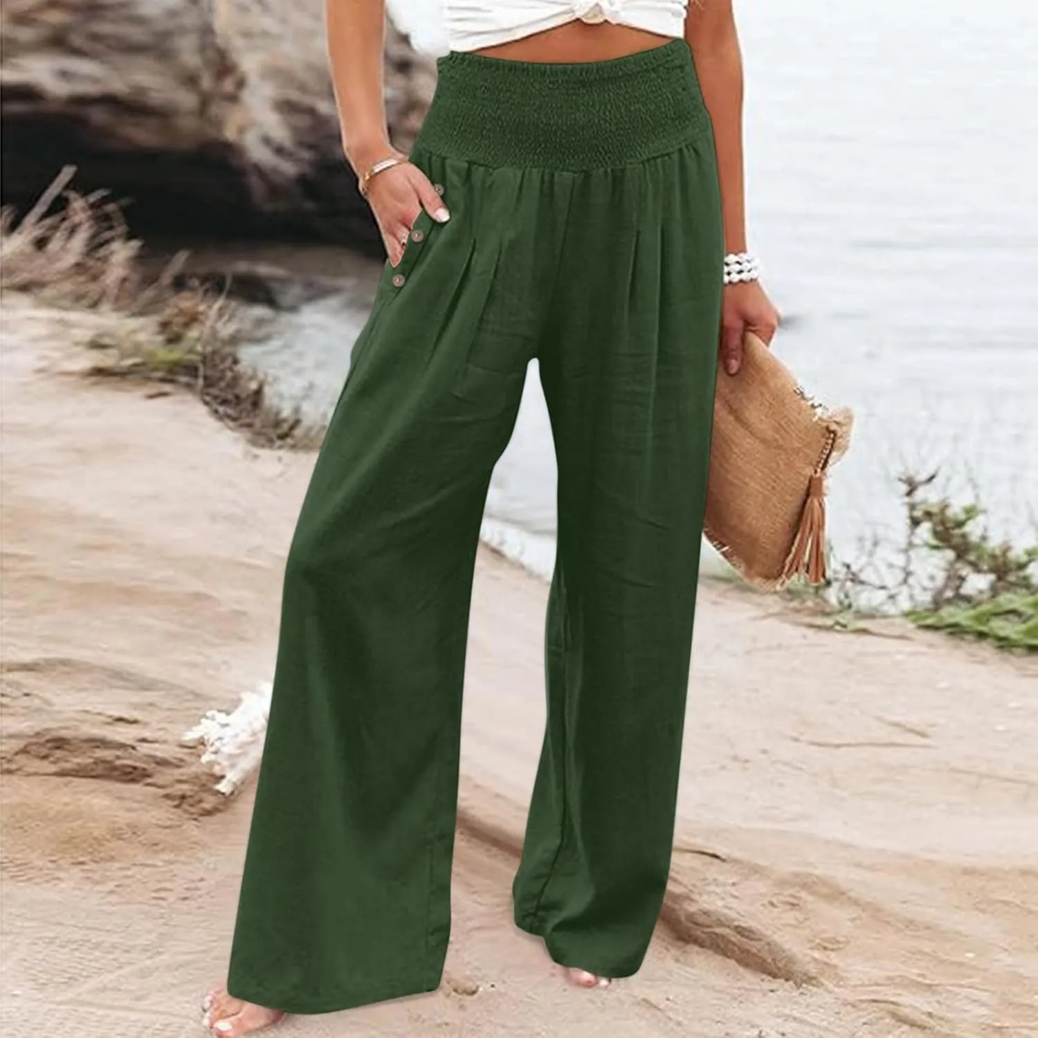 Women's Linen Summer Palazzo Pants Flowy High Waisted Wide Leg Beach Pants Casual Loose Fit Pocketed Paperbag Trouser