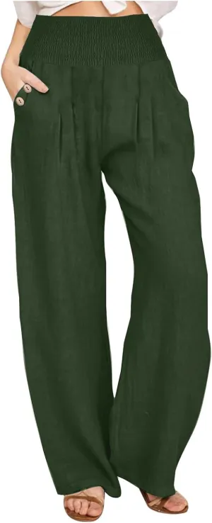 Women's Linen Summer Palazzo Pants Flowy High Waisted Wide Leg Beach Pants Casual Loose Fit Pocketed Paperbag Trouser