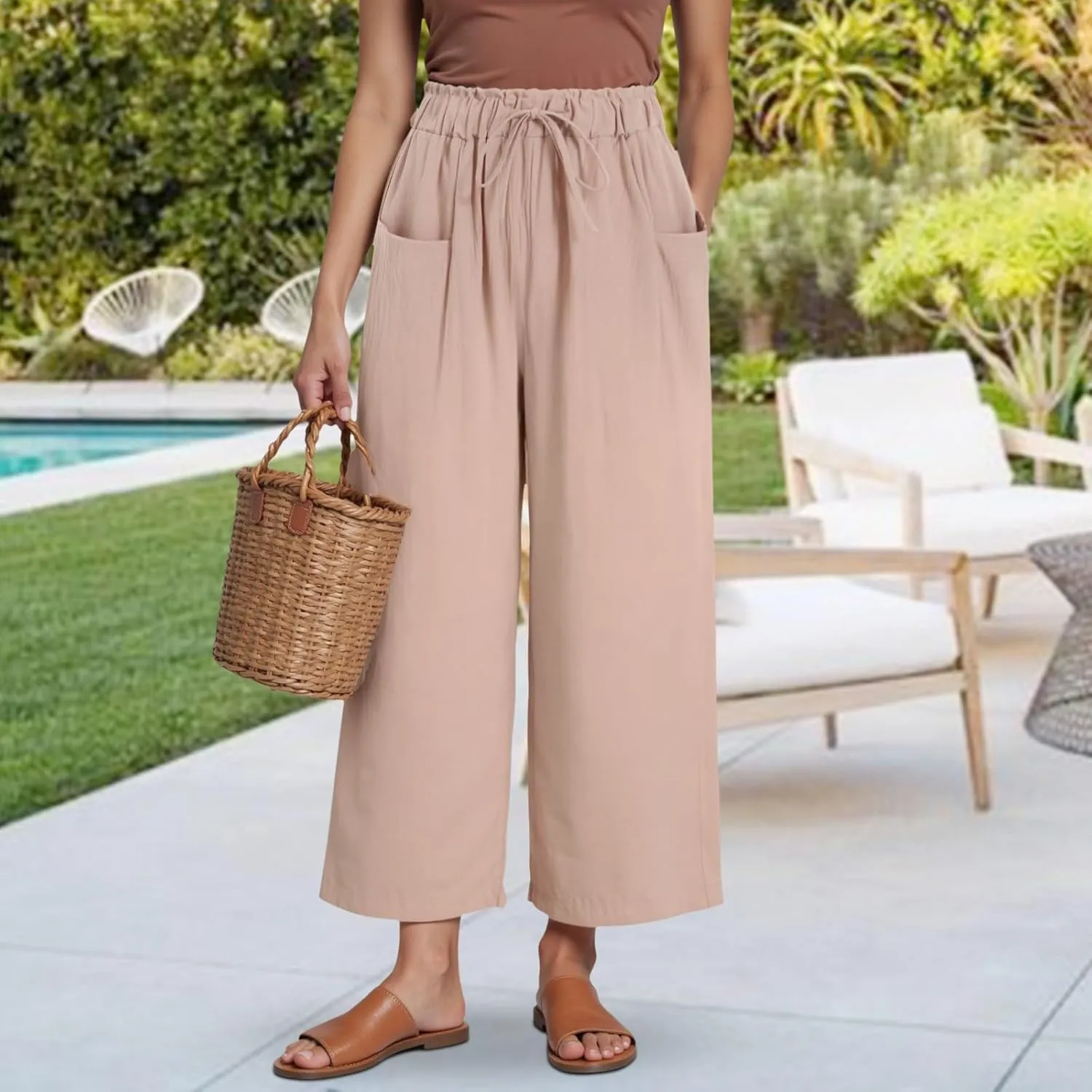 Womens Linen Wide Leg Pants Womens Linen Pants Wide Leg for Women High Waist Casual Relaxed with Pockets Inseam