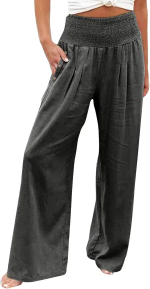 Womens Linen Wide Leg Pants Women's Summer Wide Leg Palazzo Pants Summer Boho Bagyy High Smocked Waist Casual Loose
