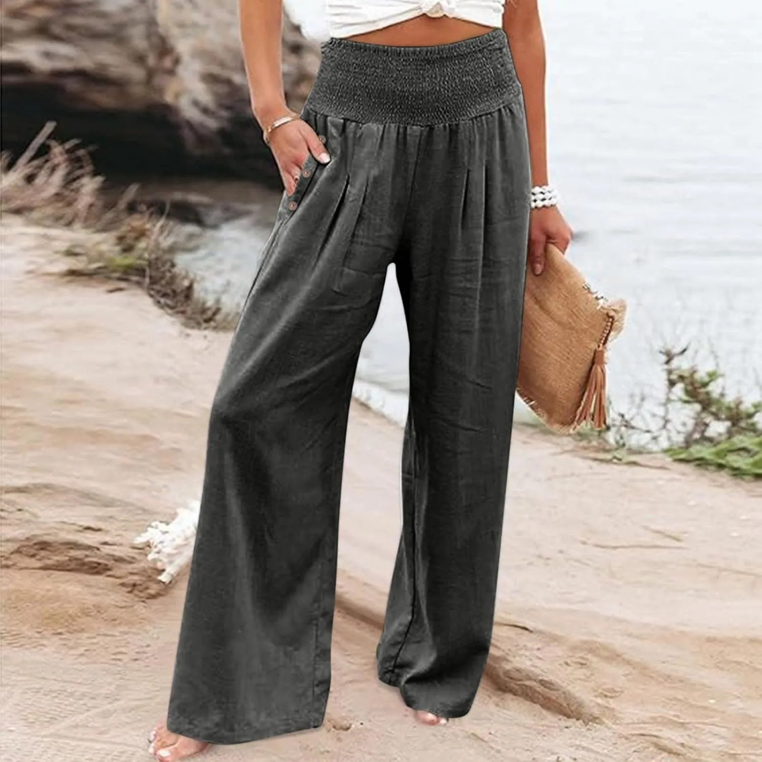 Womens Linen Wide Leg Pants Women's Summer Wide Leg Palazzo Pants Summer Boho Bagyy High Smocked Waist Casual Loose
