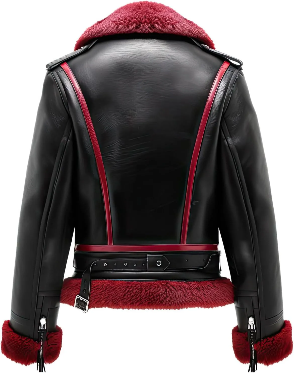 Women’s Maroon Black Genuine Sheepskin Warm Sherpa Shearling Faux Fur Collar Flying Zip-up Aviator Leather Jacket