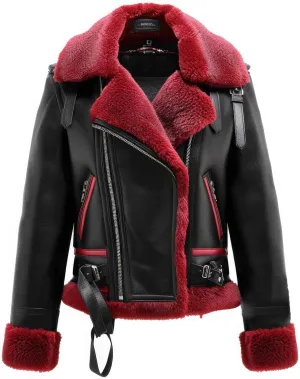Women’s Maroon Black Genuine Sheepskin Warm Sherpa Shearling Faux Fur Collar Flying Zip-up Aviator Leather Jacket