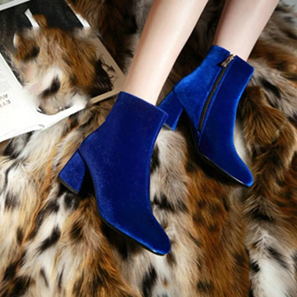 Women's Retro Dressy Ankle Boots Square Toe Zipper Velvet Lined Booties Chunky Mid Heel Short Boot