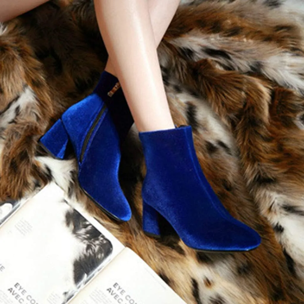 Women's Retro Dressy Ankle Boots Square Toe Zipper Velvet Lined Booties Chunky Mid Heel Short Boot