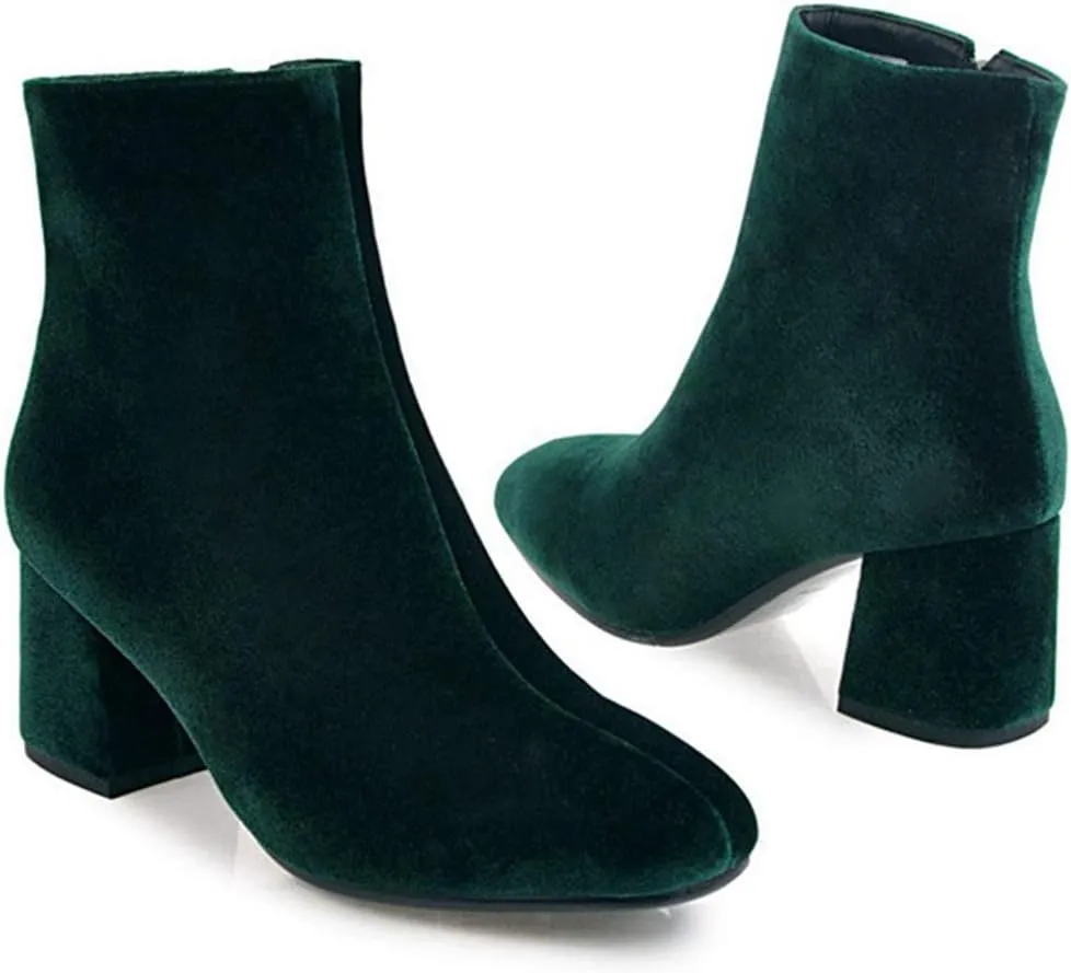 Women's Retro Dressy Ankle Boots Square Toe Zipper Velvet Lined Booties Chunky Mid Heel Short Boot