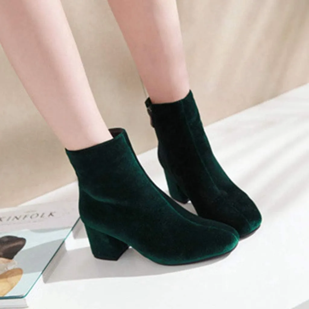 Women's Retro Dressy Ankle Boots Square Toe Zipper Velvet Lined Booties Chunky Mid Heel Short Boot