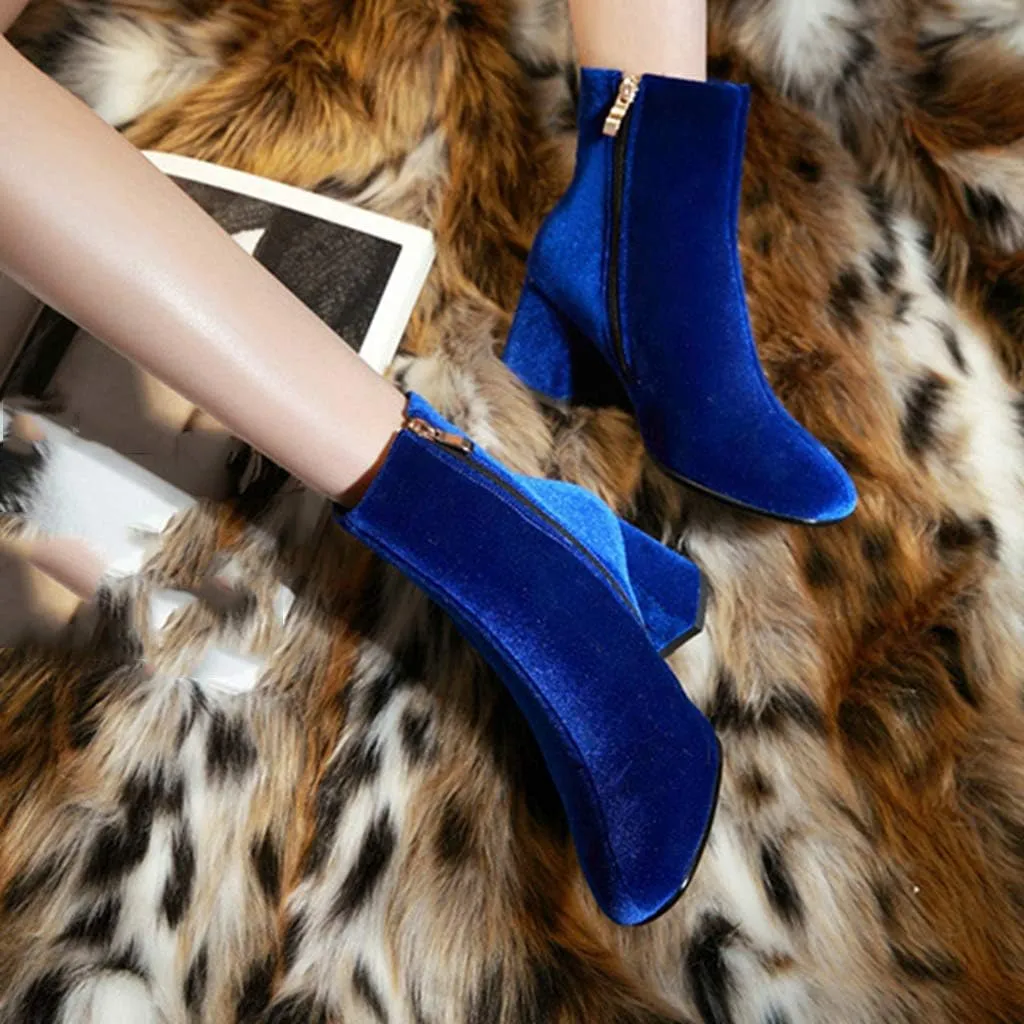Women's Retro Dressy Ankle Boots Square Toe Zipper Velvet Lined Booties Chunky Mid Heel Short Boot