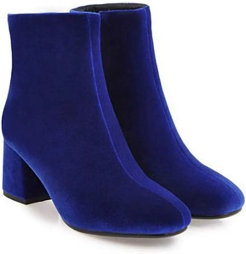 Women's Retro Dressy Ankle Boots Square Toe Zipper Velvet Lined Booties Chunky Mid Heel Short Boot