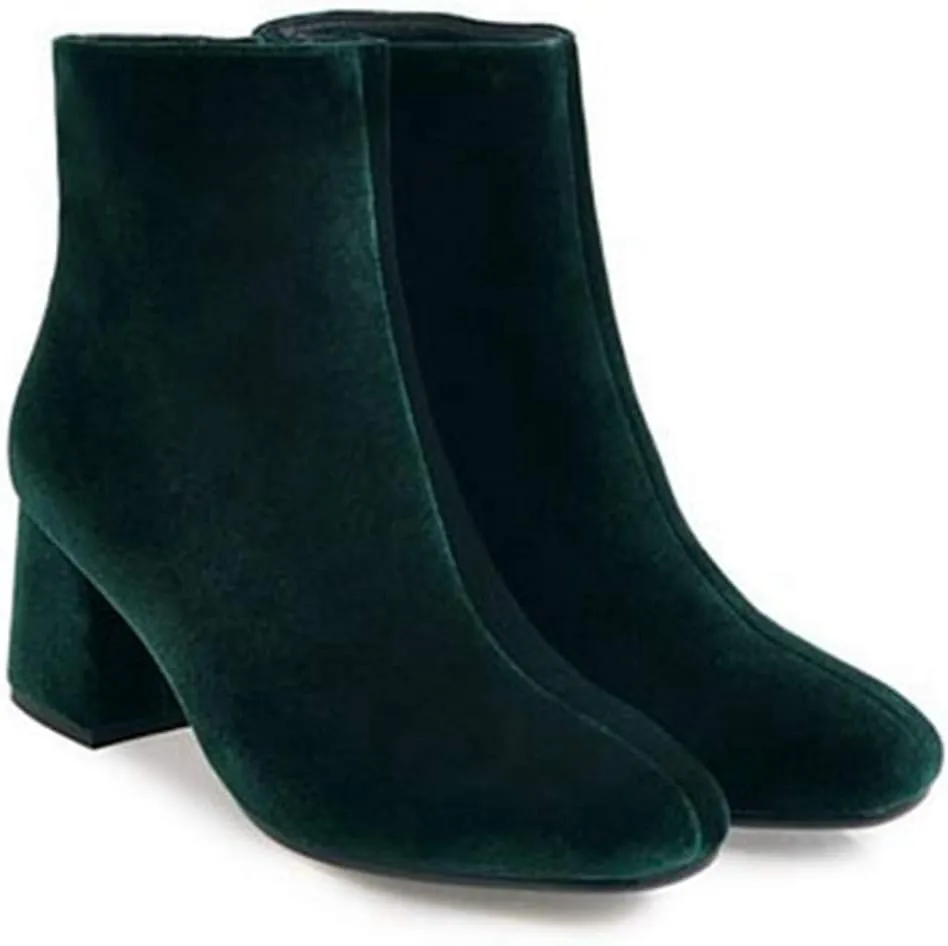 Women's Retro Dressy Ankle Boots Square Toe Zipper Velvet Lined Booties Chunky Mid Heel Short Boot