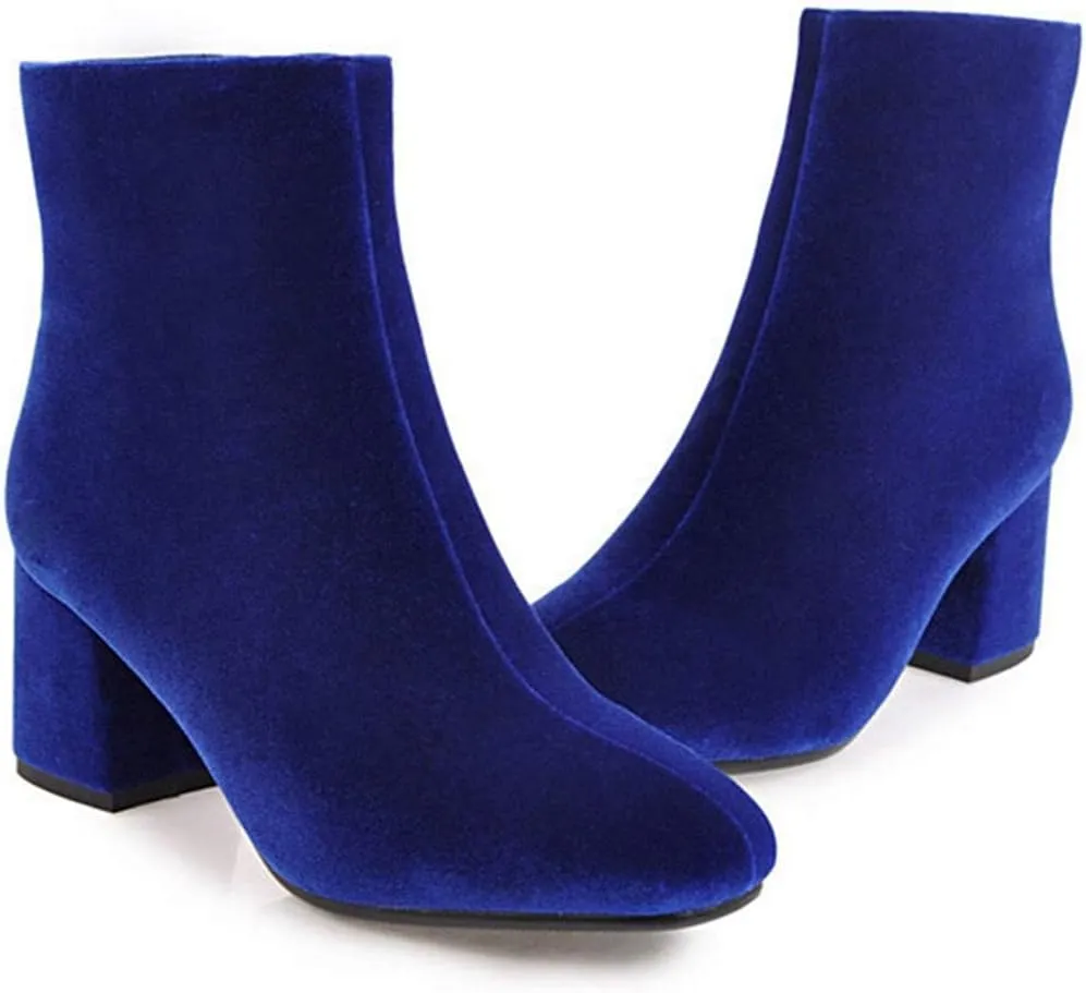 Women's Retro Dressy Ankle Boots Square Toe Zipper Velvet Lined Booties Chunky Mid Heel Short Boot