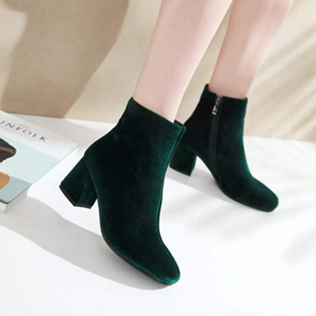 Women's Retro Dressy Ankle Boots Square Toe Zipper Velvet Lined Booties Chunky Mid Heel Short Boot