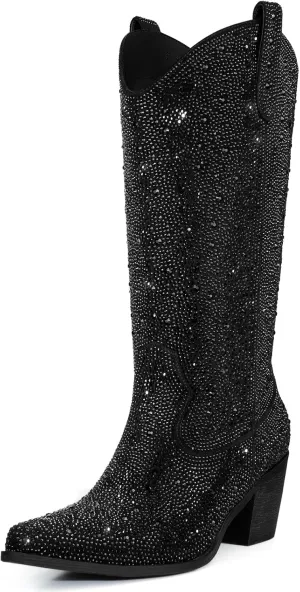Women’s Rhinestone Cowboy Boots Mid Calf Pointed Toe Sparkly Block Heel Cowgirl Boots with Pull On Tabs