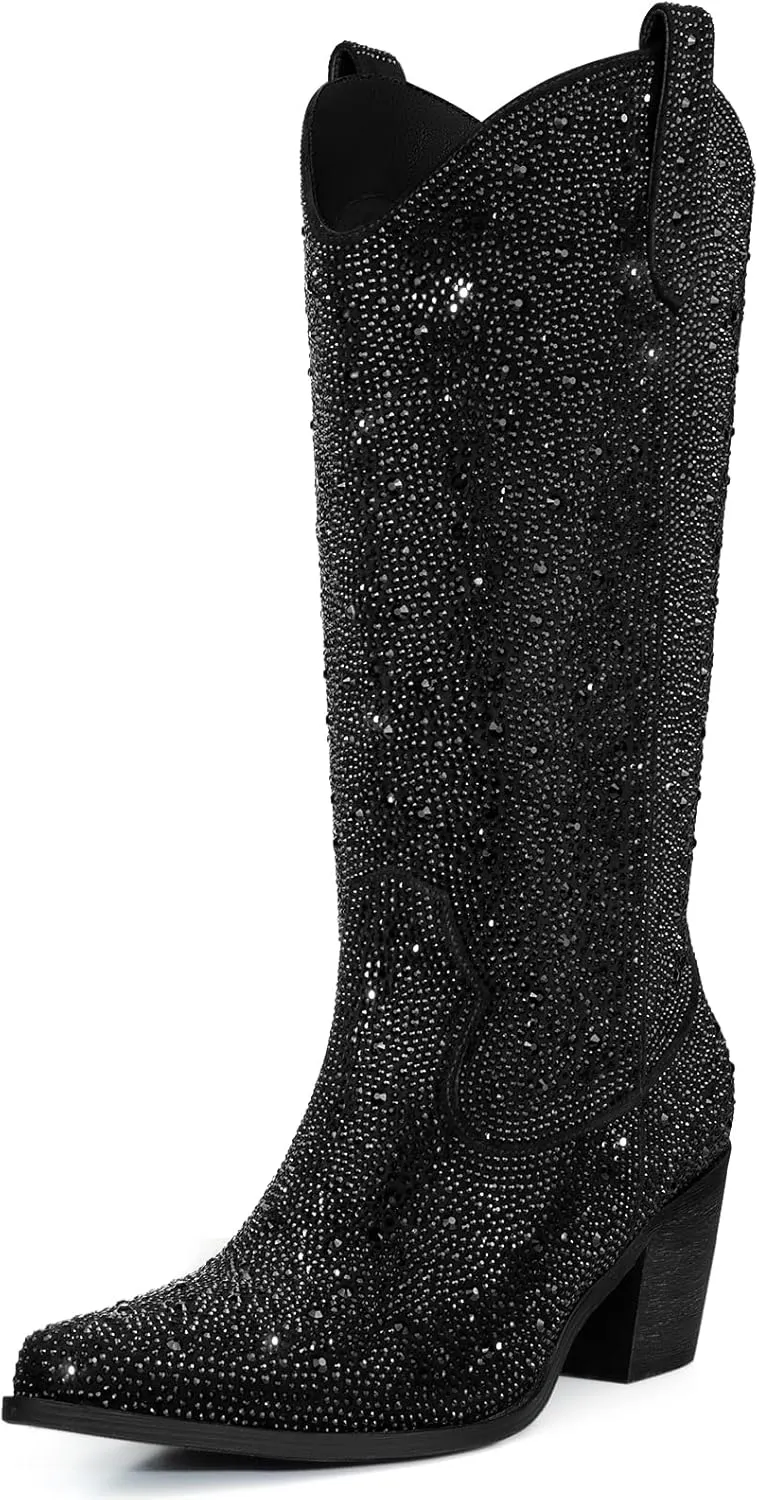 Women’s Rhinestone Cowboy Boots Mid Calf Pointed Toe Sparkly Block Heel Cowgirl Boots with Pull On Tabs