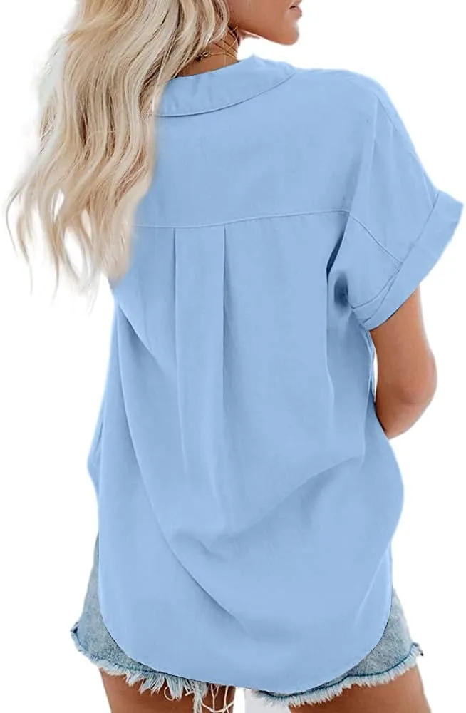 Womens Short Sleeve Casual Button Down Shirts Summer Soft Fashion Cotton Blouses Tops with Pocket