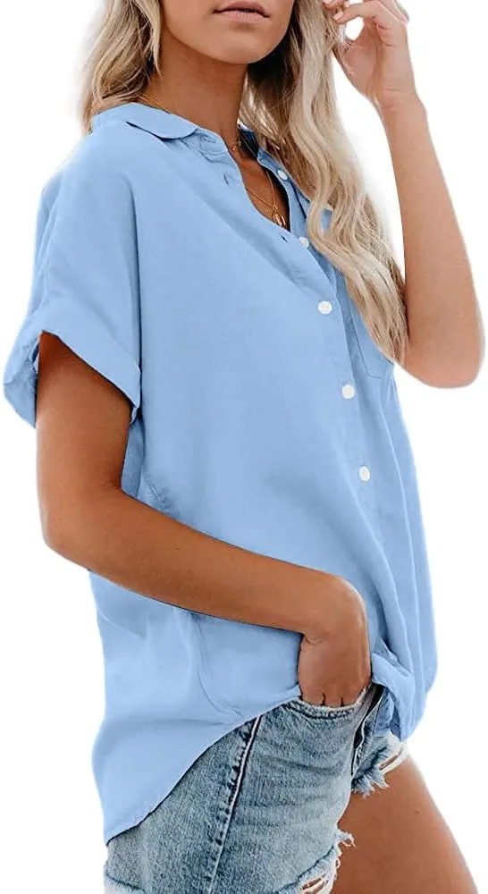 Womens Short Sleeve Casual Button Down Shirts Summer Soft Fashion Cotton Blouses Tops with Pocket