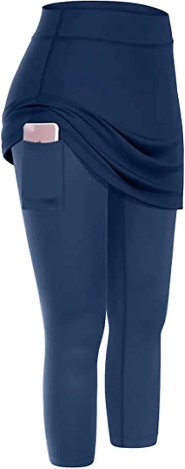 Womens Skirted Leggings with Tummy Control High Waist Athletic Workout Yoga Pants Fitness Tennis Skirt Sport Tights