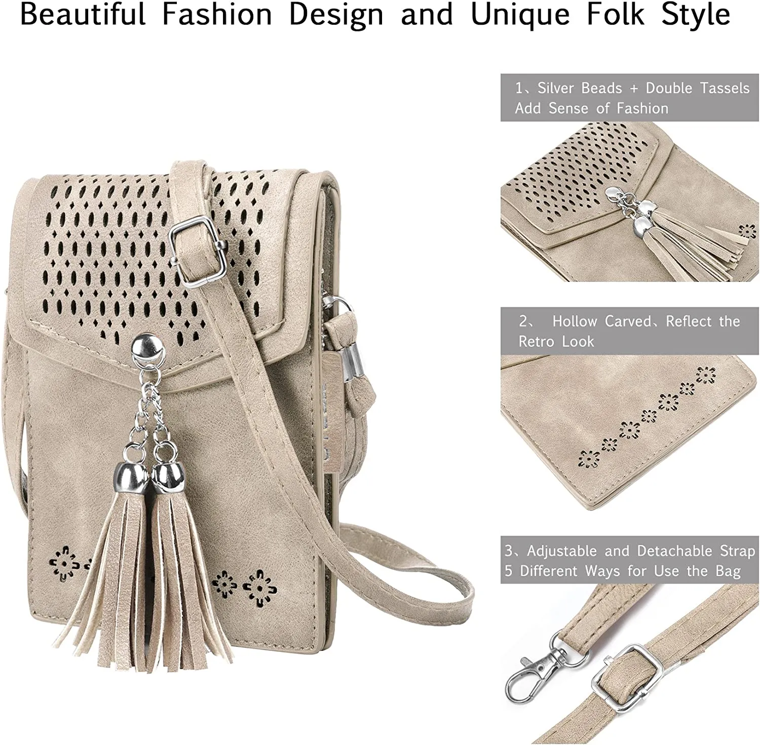 Womens Small Crossbody Bag, Tassel Cell Phone Purse Holder Wallet