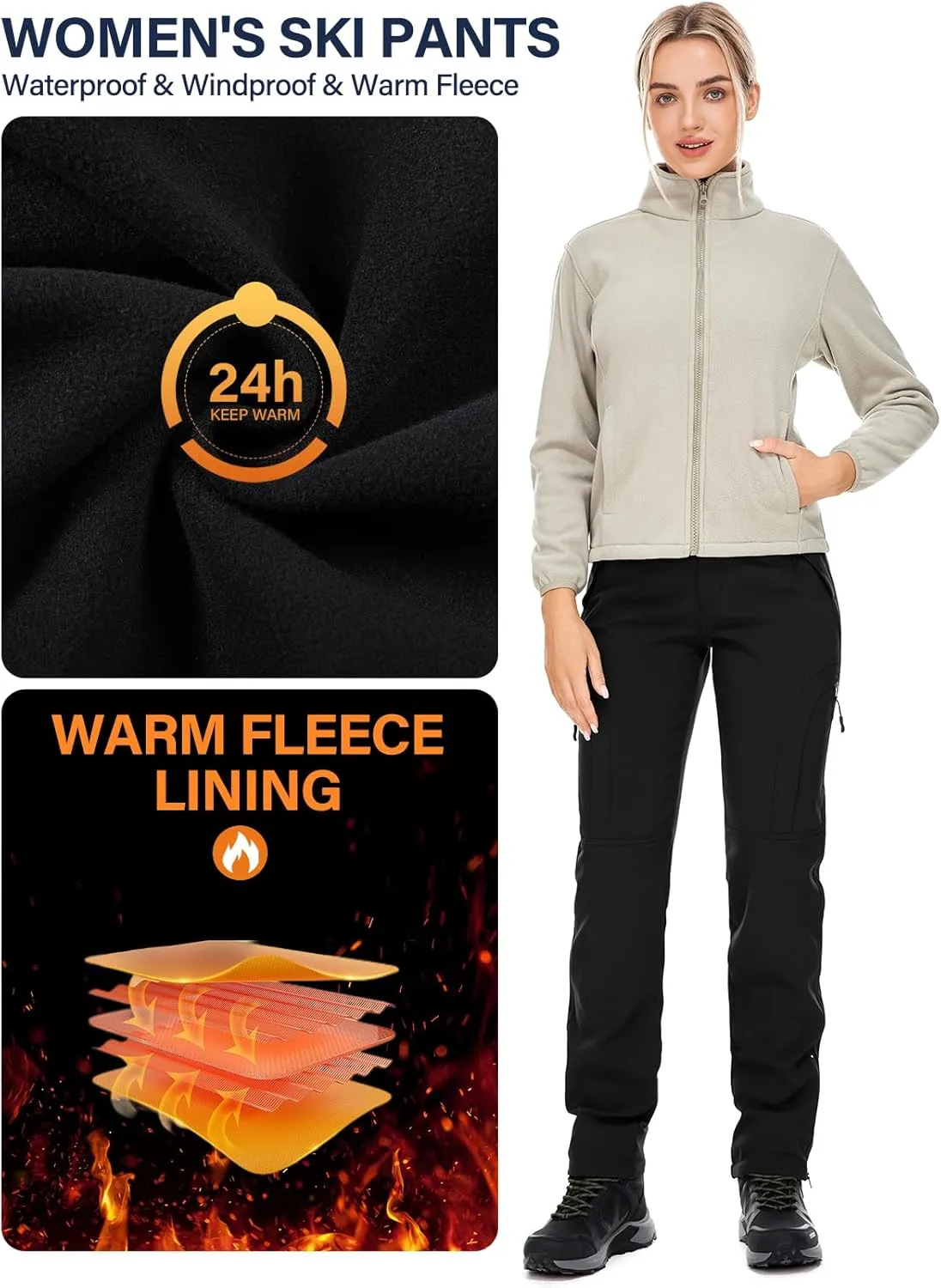 Womens Snow Pants Winter Waterproof Outdoor Soft Shell Fleece Linded Cargo Ski Hiking Pants