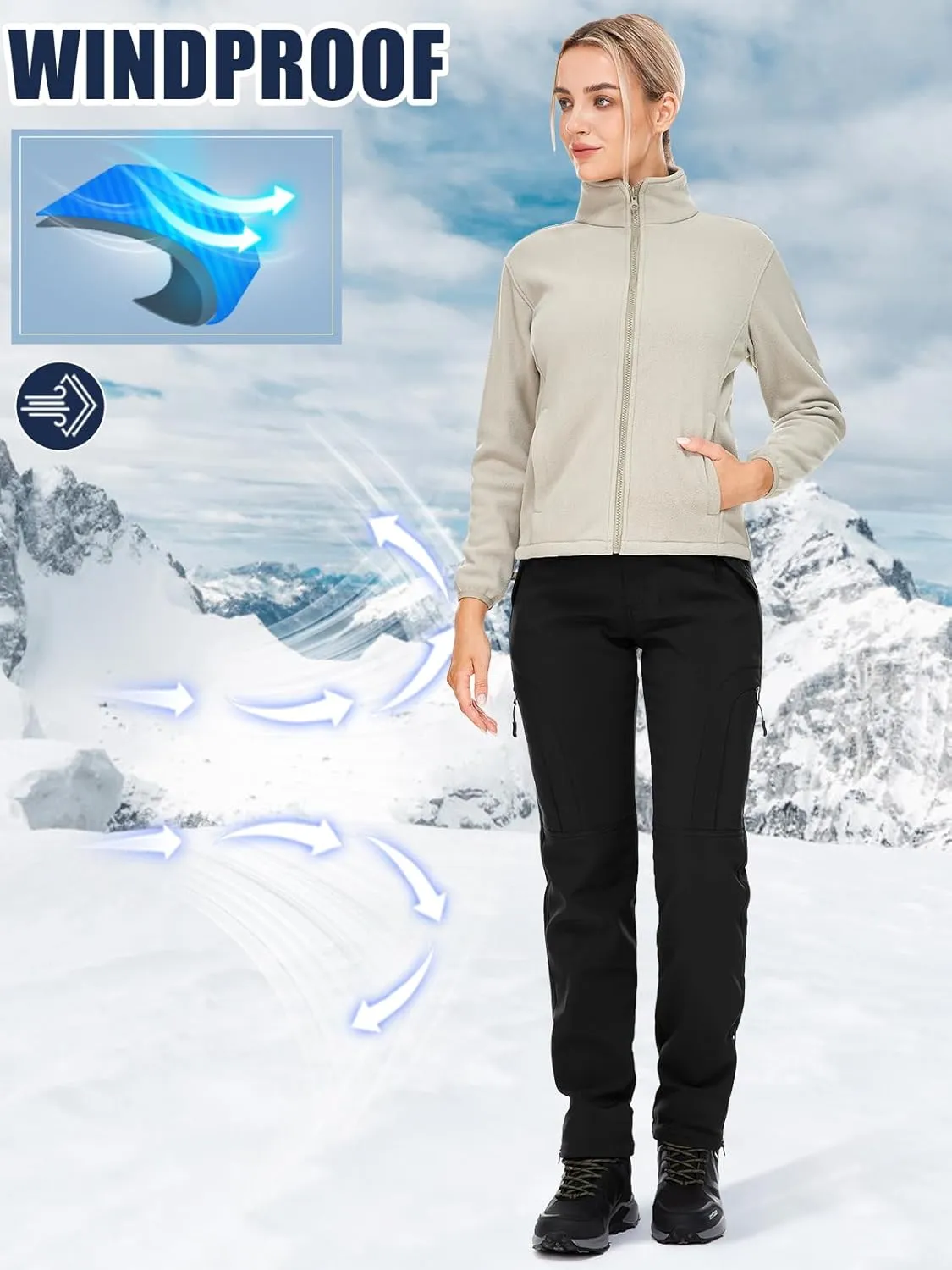 Womens Snow Pants Winter Waterproof Outdoor Soft Shell Fleece Linded Cargo Ski Hiking Pants