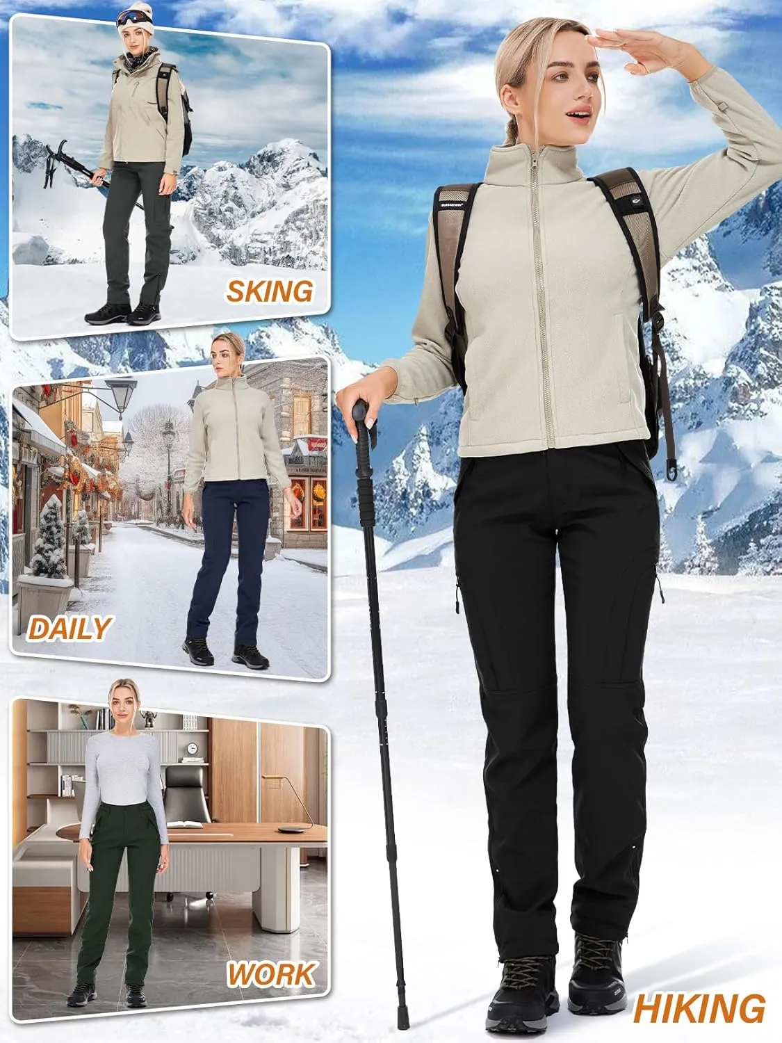 Womens Snow Pants Winter Waterproof Outdoor Soft Shell Fleece Linded Cargo Ski Hiking Pants