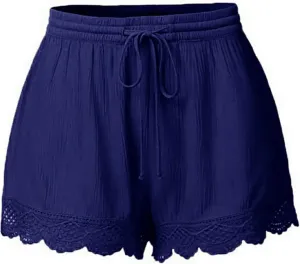 Womens Summer Shorts 2024 Plus Size Casual Lace Trim Elastic Waist Drawstring Lounge Shorts Beach Ruffle Flowy Shorts