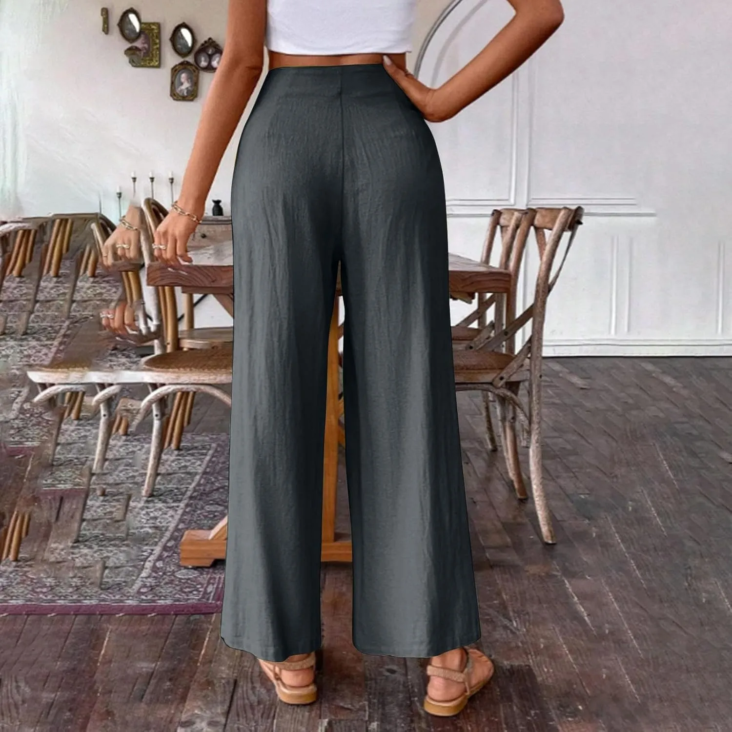 Women's Summer Wide Leg Palazzo Pants Fashion High Waistd Loose Elastic Waist Slacks Casual Going Out Flowy Trousers