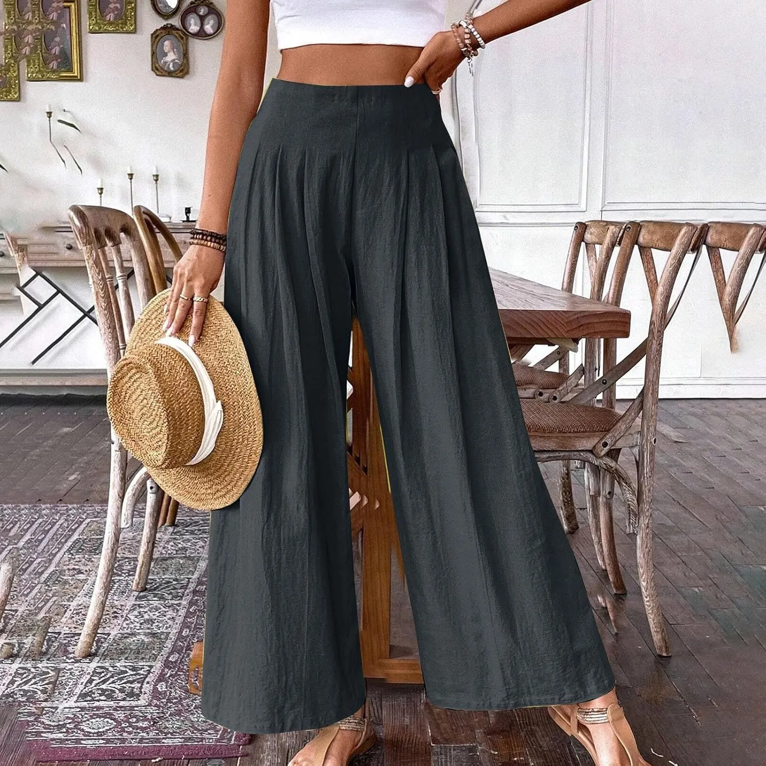 Women's Summer Wide Leg Palazzo Pants Fashion High Waistd Loose Elastic Waist Slacks Casual Going Out Flowy Trousers