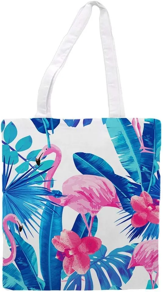 Women's tote bag/Flamingo with colorful flowers with strips - Sports Gym Lunch Yoga Shopping Travel Bag Washable - 1.47X0.98 Ft