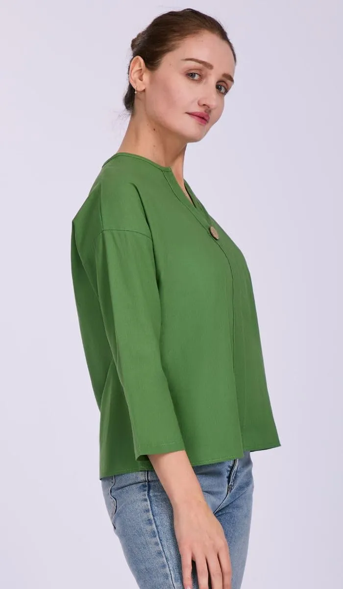 Women's V-Neck Cotton Linen Shirt Top 3/4 Roll-Up Sleeve Summer Casual Loose Solid Blouses Tunic Tops with Button
