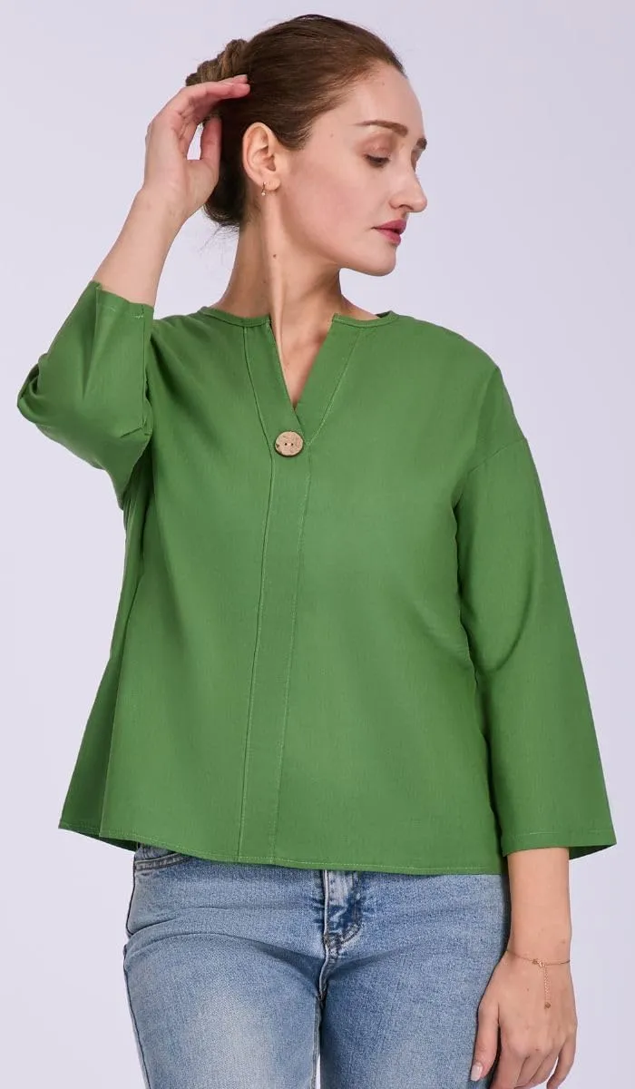 Women's V-Neck Cotton Linen Shirt Top 3/4 Roll-Up Sleeve Summer Casual Loose Solid Blouses Tunic Tops with Button