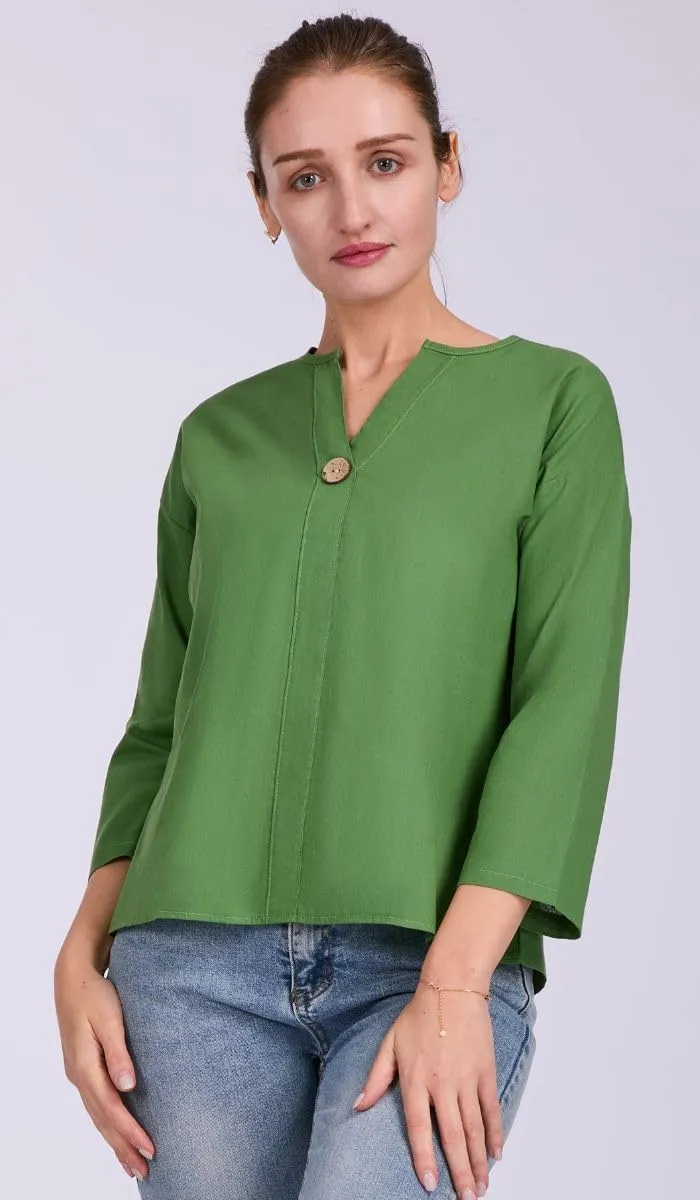 Women's V-Neck Cotton Linen Shirt Top 3/4 Roll-Up Sleeve Summer Casual Loose Solid Blouses Tunic Tops with Button