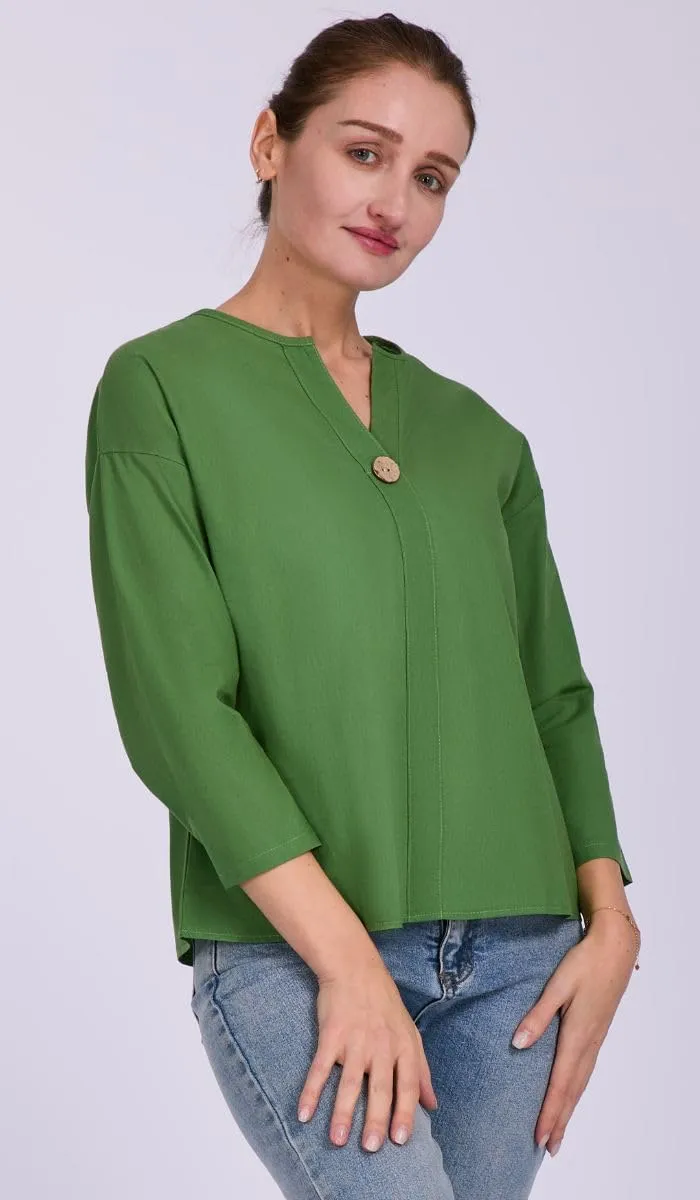 Women's V-Neck Cotton Linen Shirt Top 3/4 Roll-Up Sleeve Summer Casual Loose Solid Blouses Tunic Tops with Button