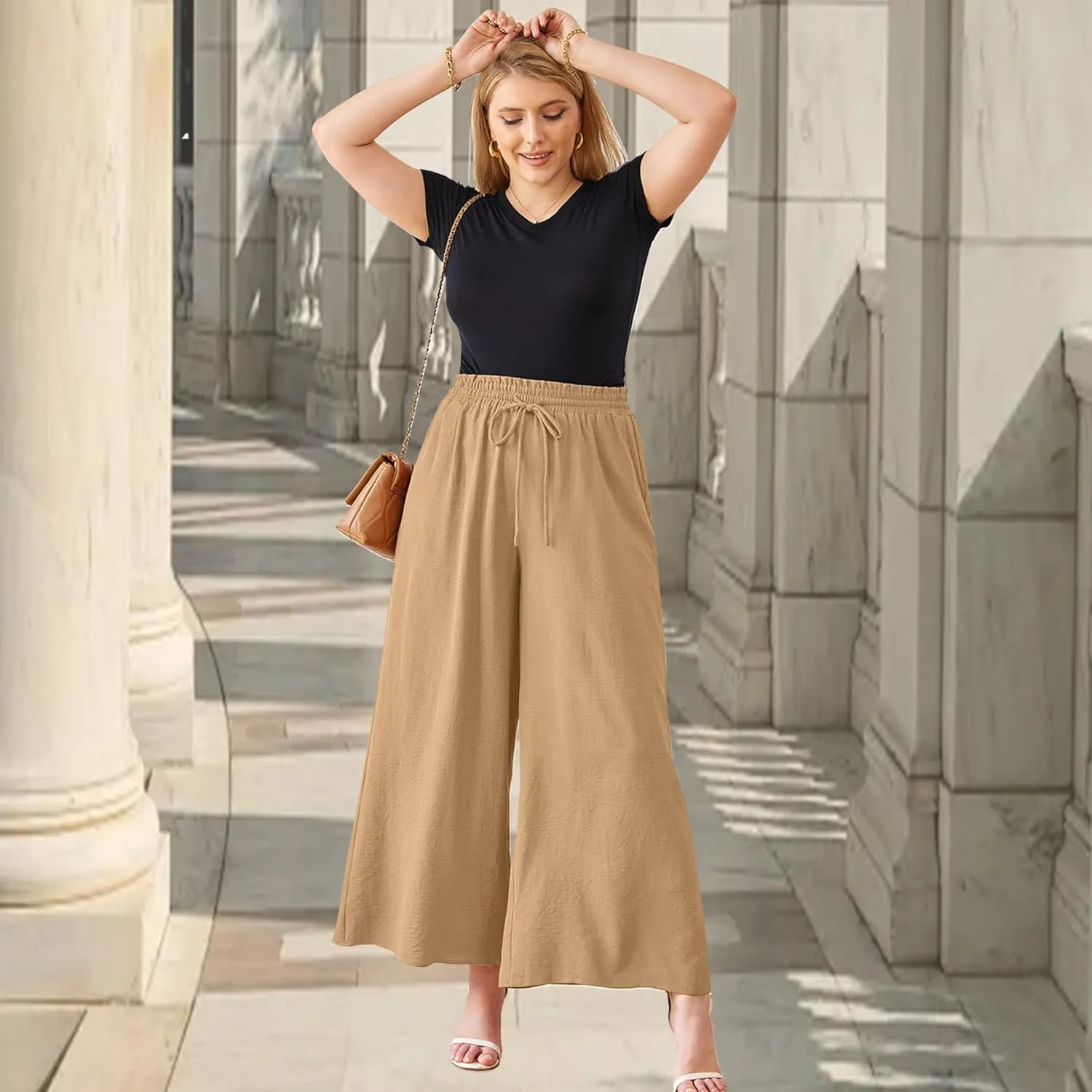 Women's Wide Leg Linen Pants High Waisted Flowy Palazzo Pants Lounge Loose Casual Work Pants Trousers Pockets