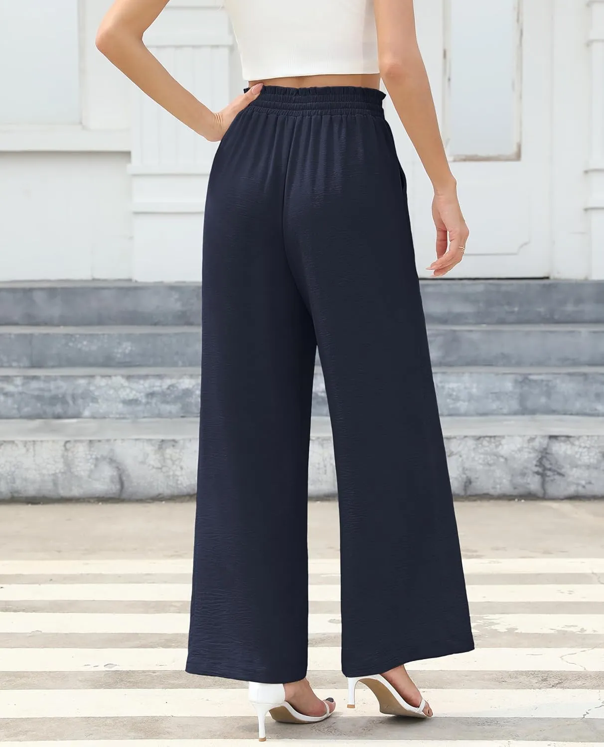 Women's Wide Leg Linen Pants High Waisted Flowy Palazzo Pants Lounge Loose Casual Work Pants Trousers Pockets