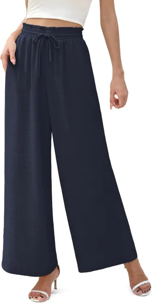 Women's Wide Leg Linen Pants High Waisted Flowy Palazzo Pants Lounge Loose Casual Work Pants Trousers Pockets