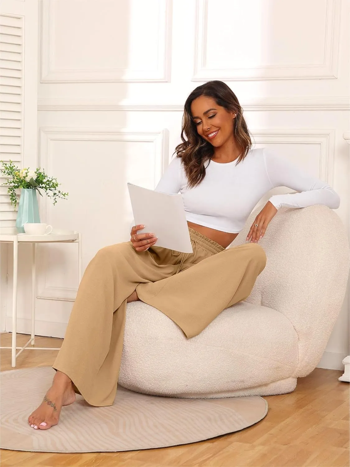 Women's Wide Leg Linen Pants High Waisted Flowy Palazzo Pants Lounge Loose Casual Work Pants Trousers Pockets