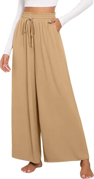 Women's Wide Leg Linen Pants High Waisted Flowy Palazzo Pants Lounge Loose Casual Work Pants Trousers Pockets