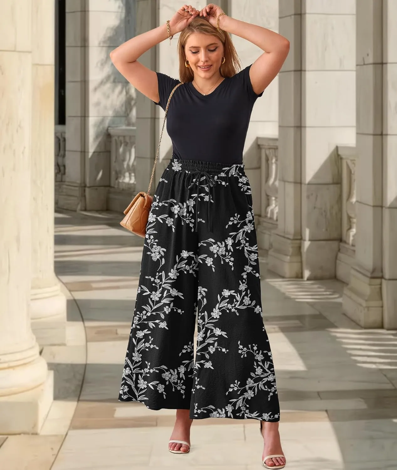Women's Wide Leg Linen Pants High Waisted Flowy Palazzo Pants Lounge Loose Casual Work Pants Trousers Pockets